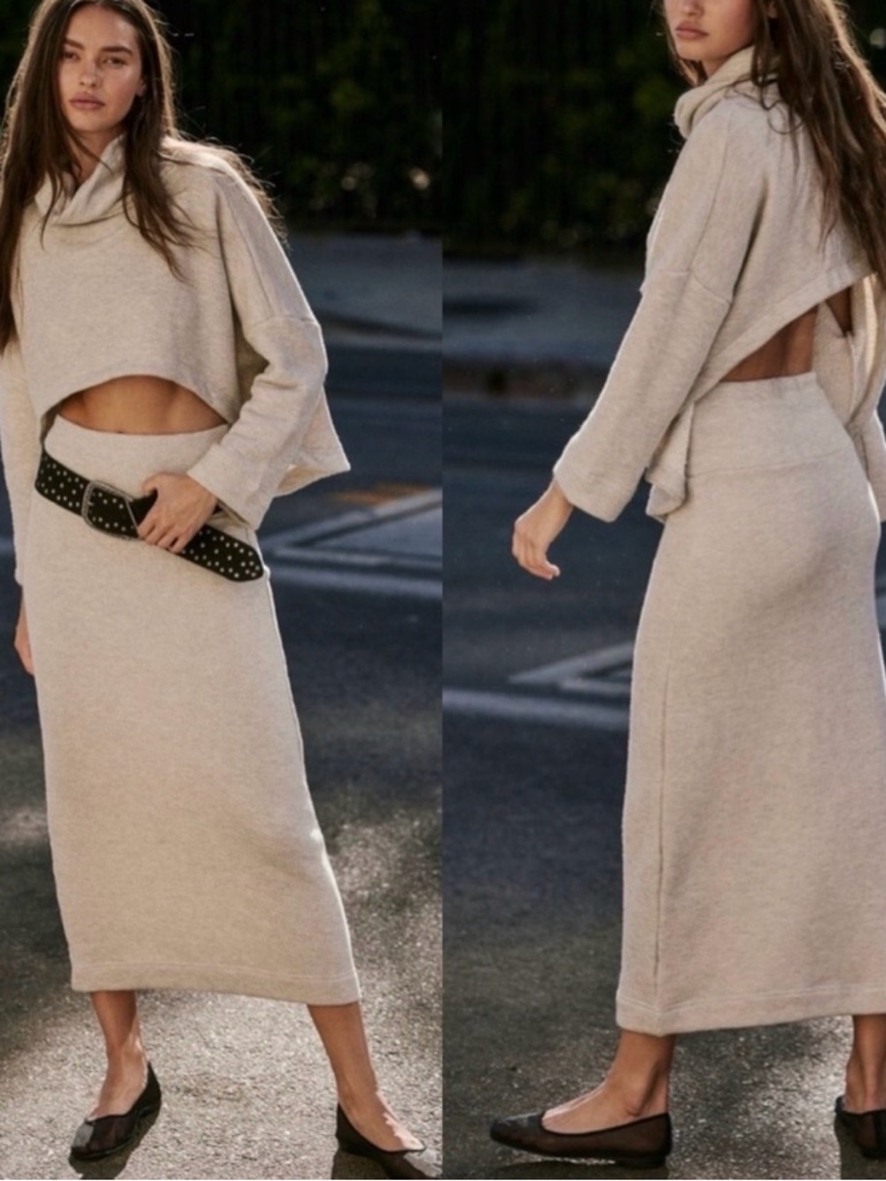 Free People Free-Est Milley Reversible Midi Skirt Beige Knit High Waist Small
